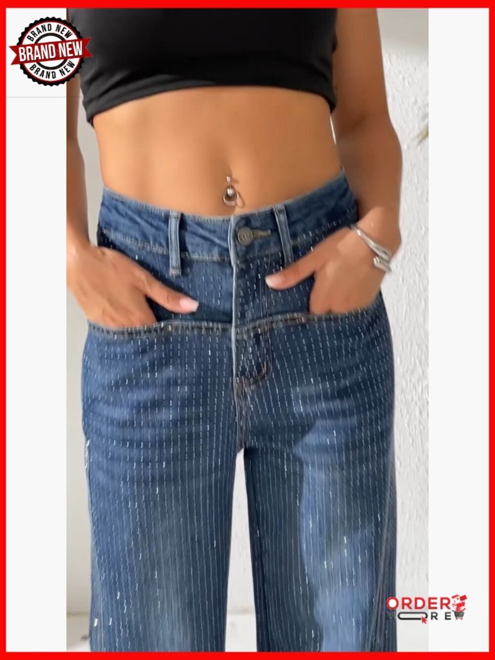 High Waist Wide Leg Rhinestone Jeans Stretch Denim Pants Sparkle Sequin - Picture 7 of 7